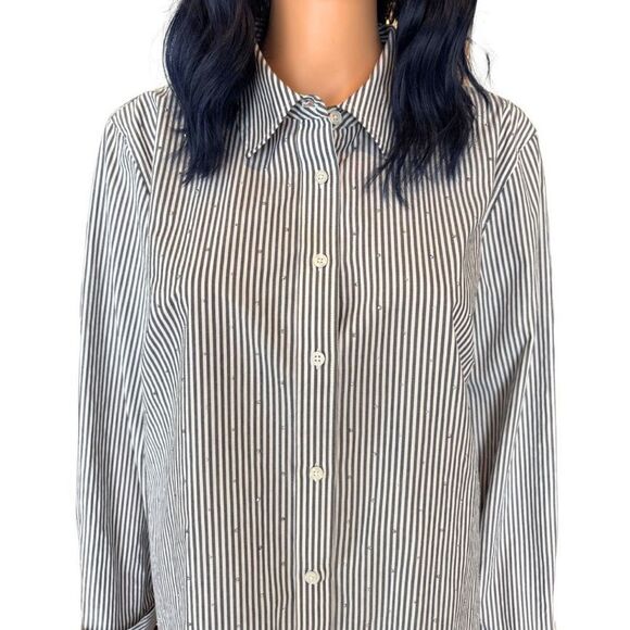 Talbots Gray White Striped Rhinestone Studded Button Up Shirt Size Large - Picture 2 of 5